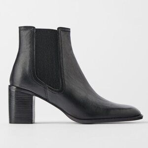NEW ZARA BLACK LEATHER HEELED ANKLE CHELSEA BOOTS